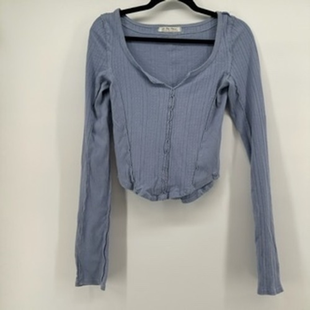 We The Free Dusty Blue Ribbed Long Sleeve Crop Top
